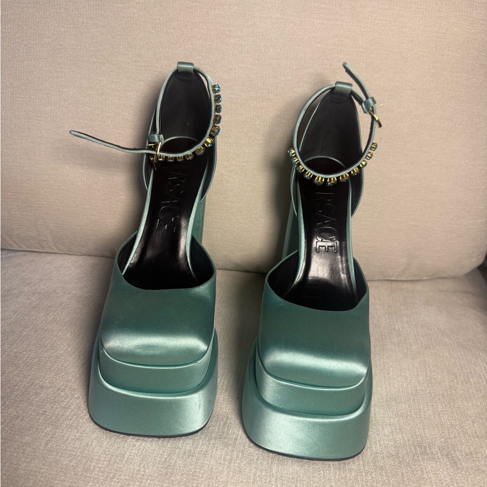 Versace Teal Satin Heels with Embellished Strap